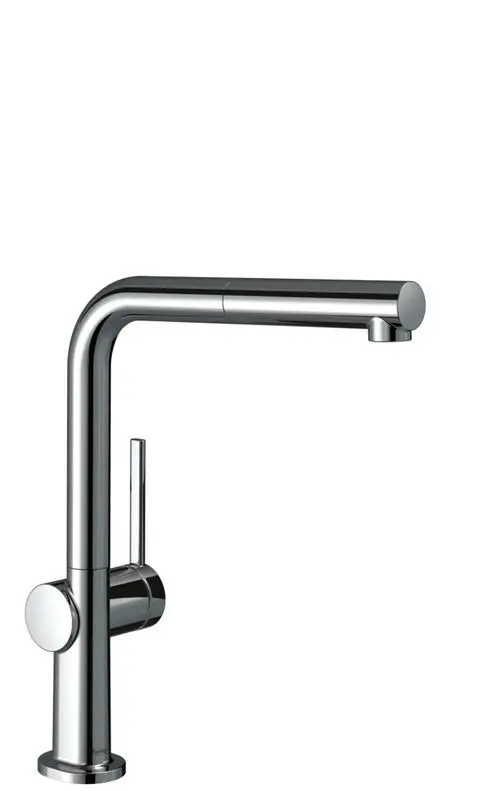 Küchenmischer mit ausziehbarem Auslauf, Chrom-Oberfläche und Hebelsteuerung. Hansgrohe-Design für Niederdruck- und offene Warmwasserbereiter.